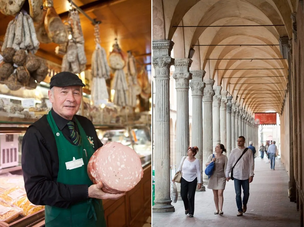 Salumificio con mortadella e personale al lavoro galleria con colonne - Fotografia di Enrico Fantoni