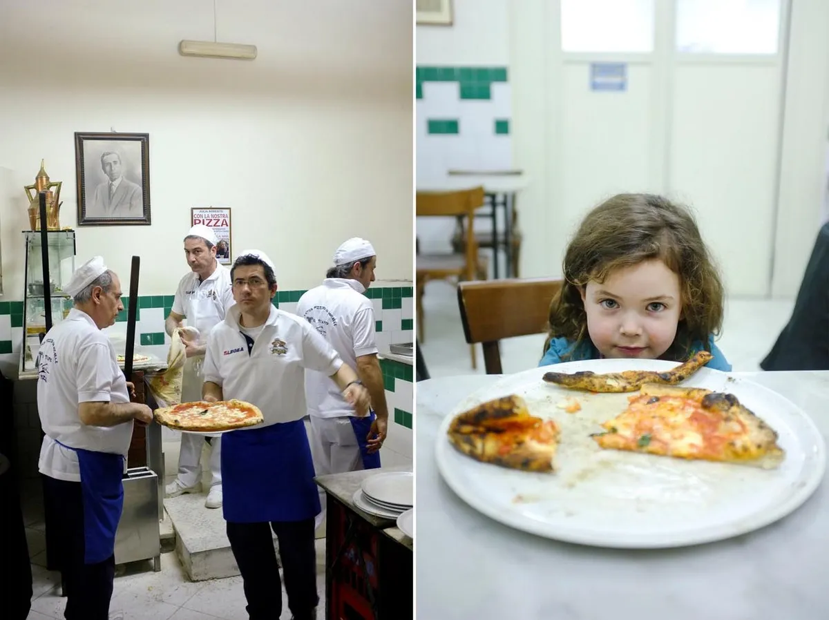 Pizzaioli e bambina che mangia la pizza - Fotografia di Enrico Fantoni